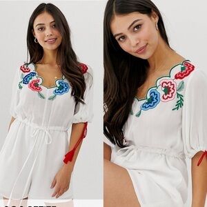 New NWT | ASOS DESIGN Petite romper with embroidery and tie sleeve detail